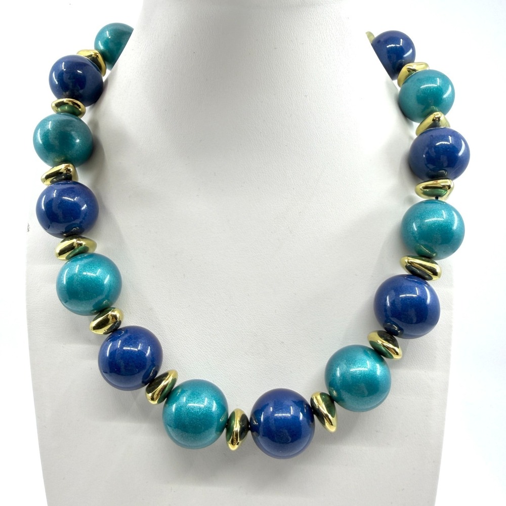 Statement Chunky Blue Teal Beaded Necklace Gold‎ Tone Accents Layering Boho Gift